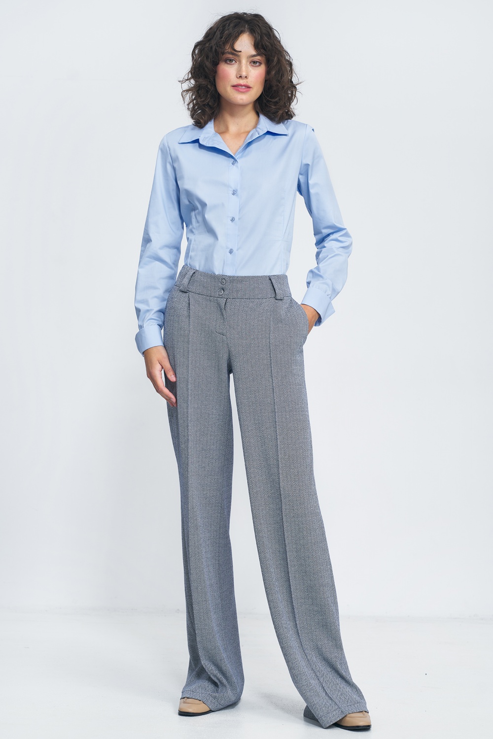 Spodnie wide leg w granatową jodełkę SD82 Navy - Nife185192 - Granatowy - obrazek 2