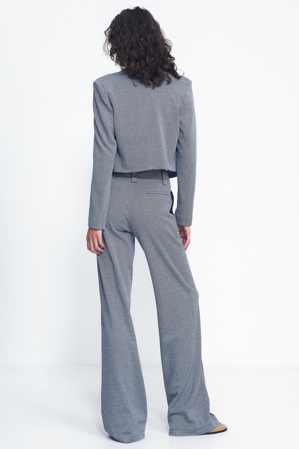 Spodnie wide leg w granatową jodełkę SD82 Navy - Nife185192 - Granatowy - obrazek 3